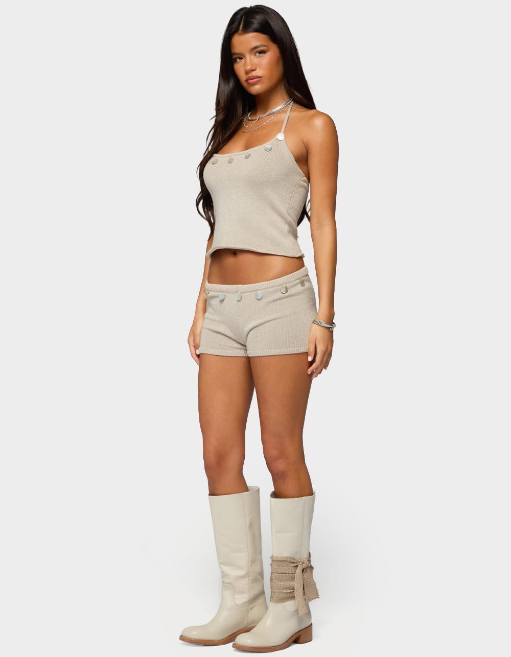 EDIKTED Nicca Iridescent Knit Shorts - BEIGE