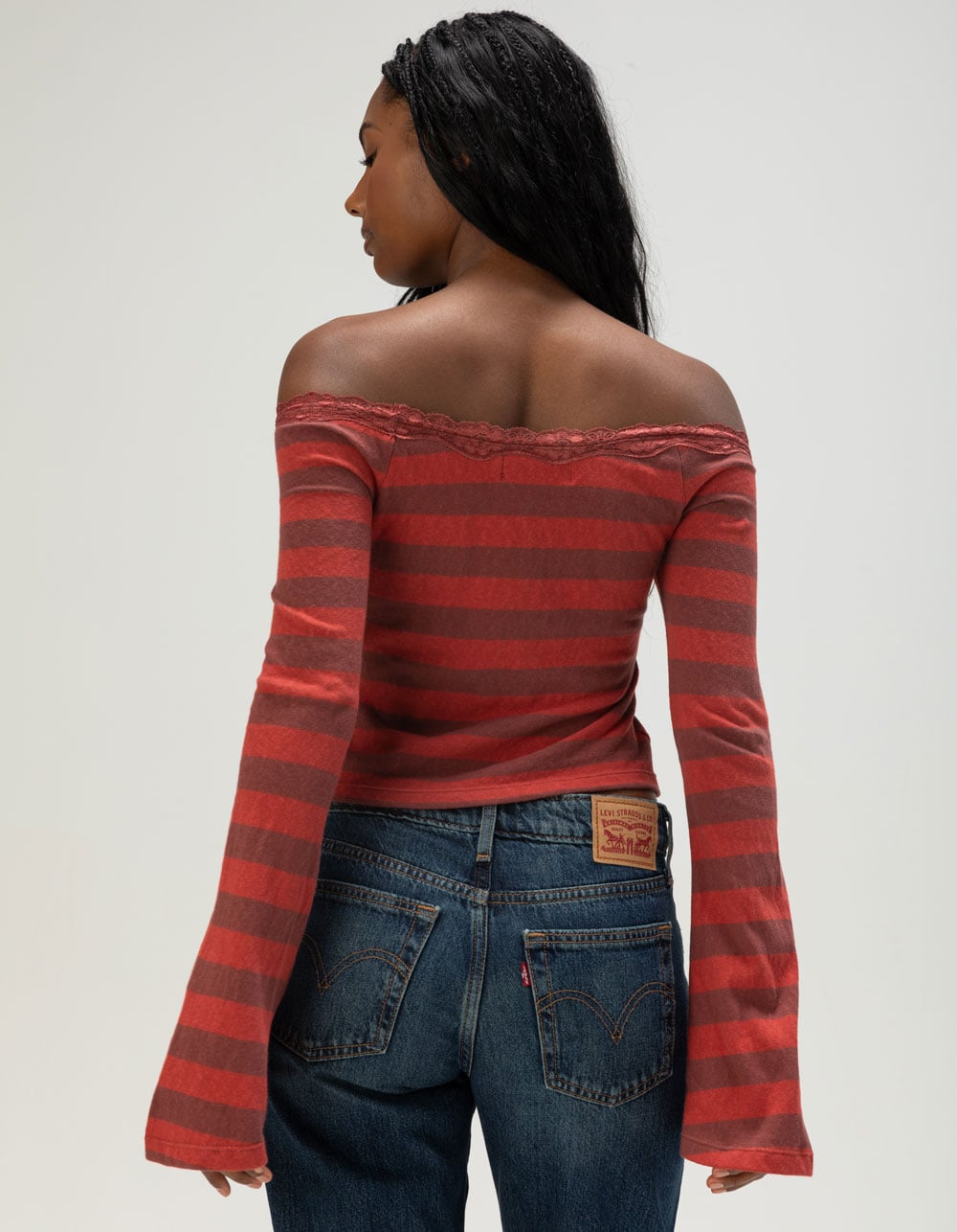 NECTAR CLOTHING Womens Lace Trim Off The Shoulder Long Sleeve Top - BURGUNDY COMBO
