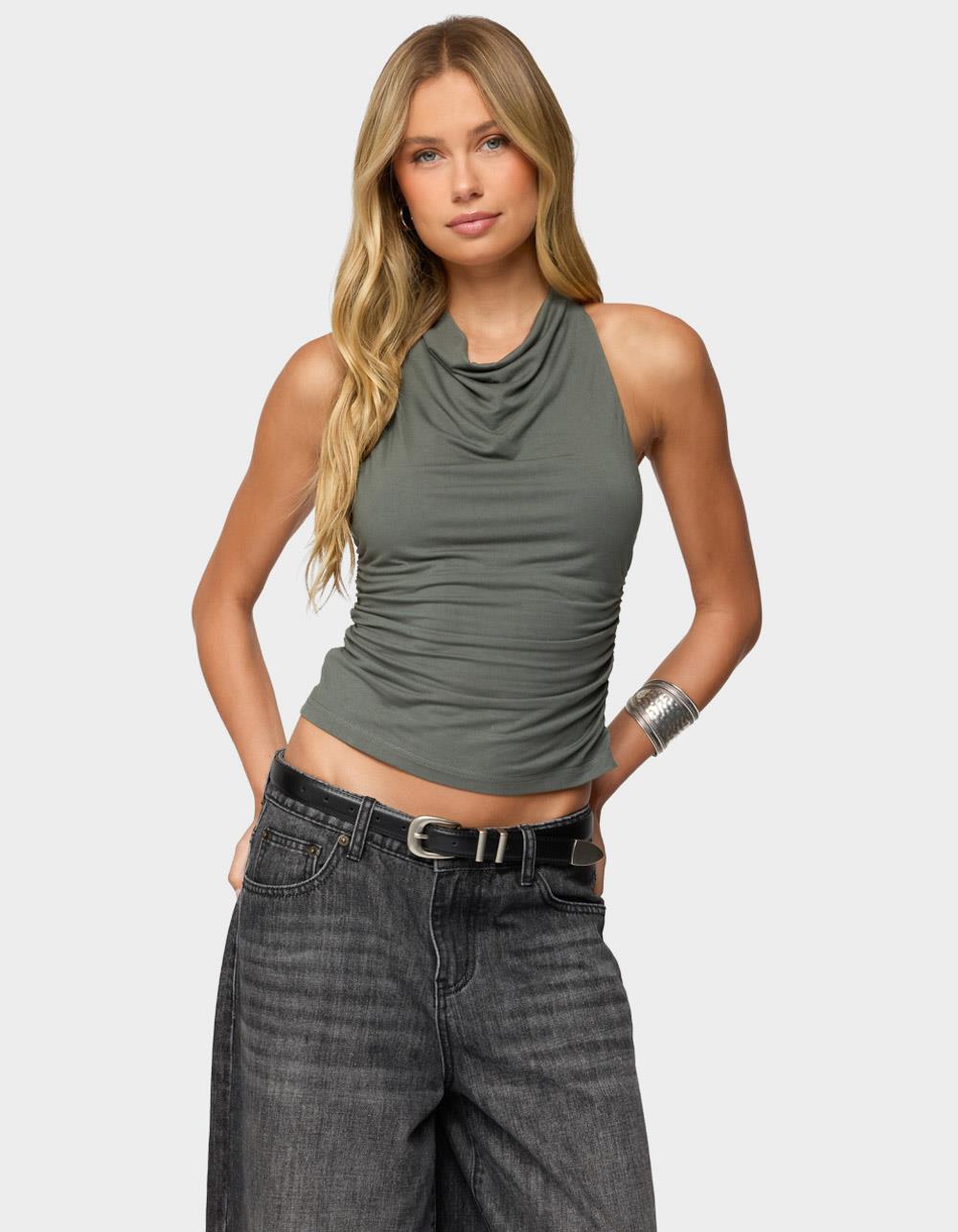 EDIKTED Collie Twisted High Cowl Neck Top - DK GREEN