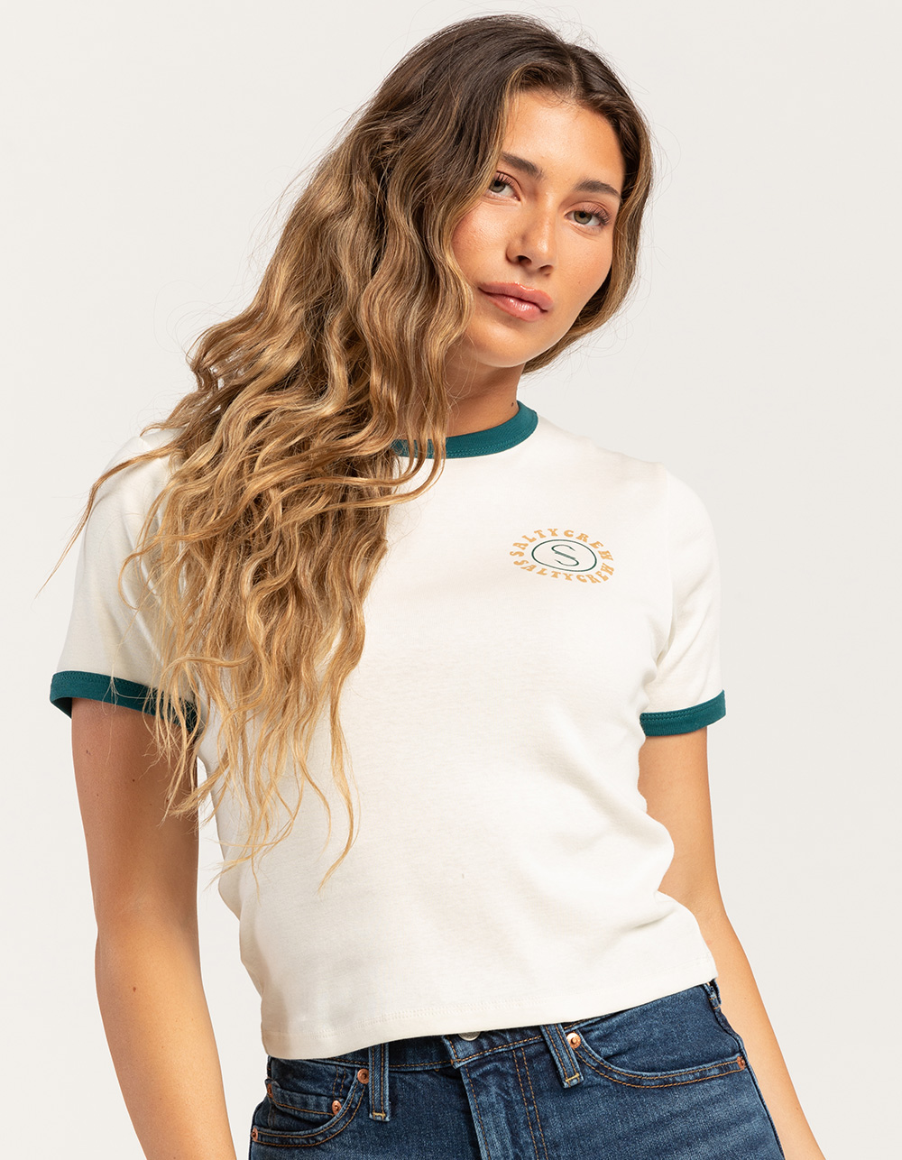 SALTY CREW Flower Power Womens Fitted Ringer Baby Tee - OFF WHITE