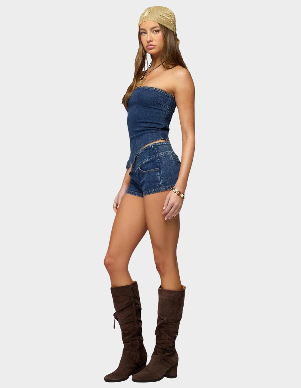 EDIKTED Zaida Asymmetric Denim Strapless Top - BLUE