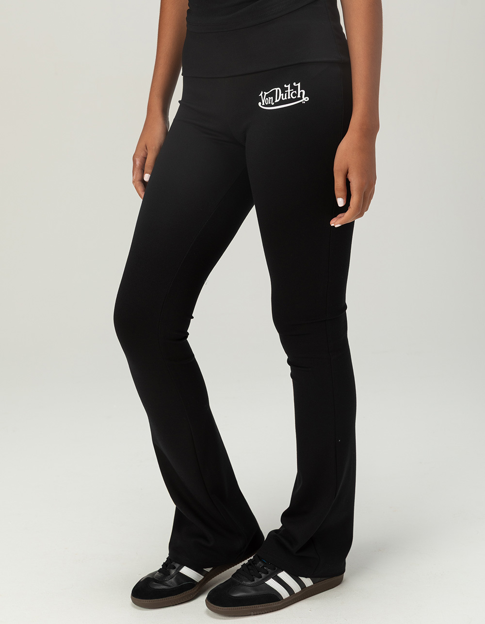 VON DUTCH Womens Fold Over Flare Pants - BLACK