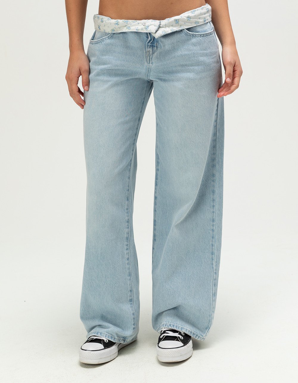 RSQ Womens Fold Over Waistband Baggy Jeans - LIGHT WASH