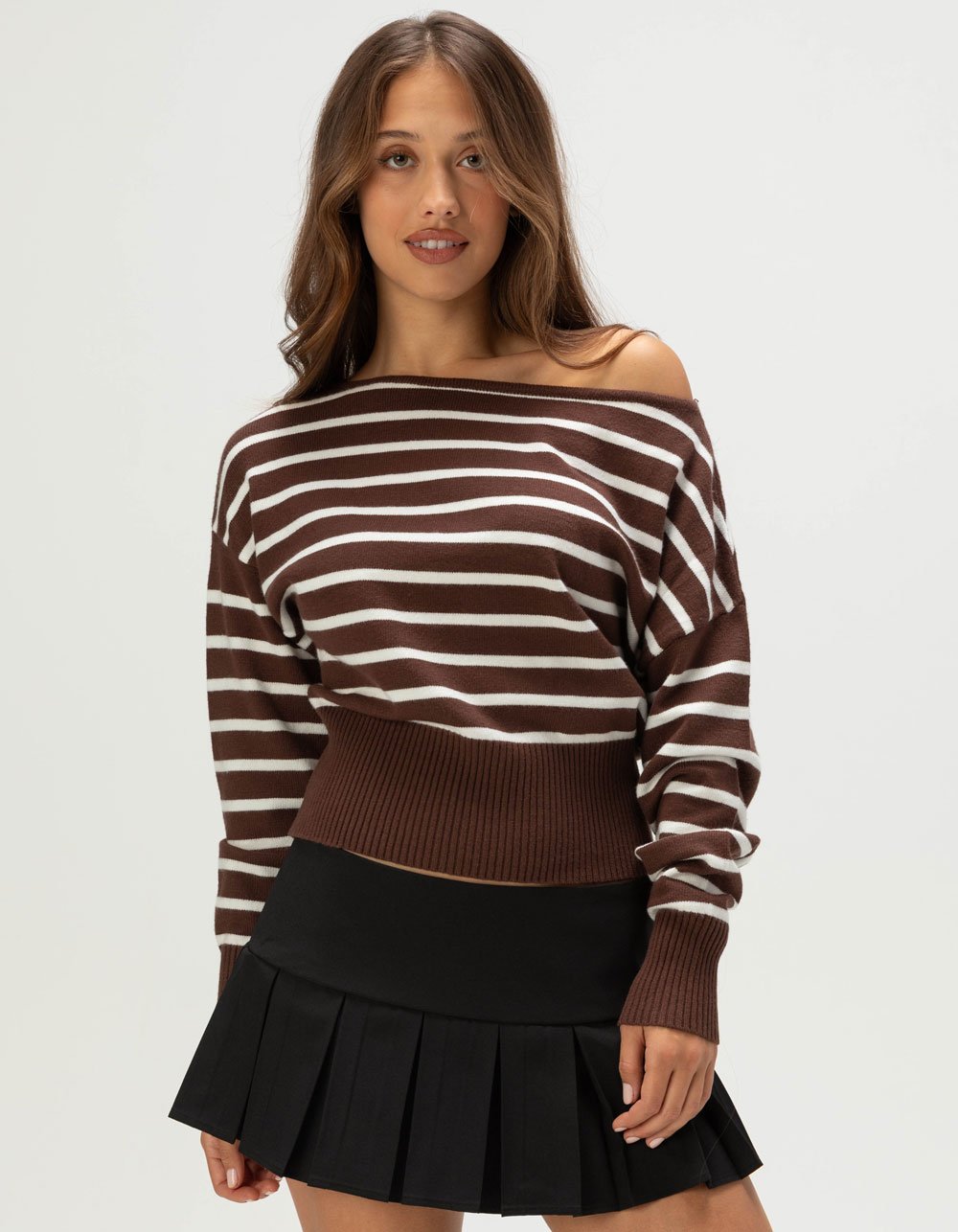 RSQ Womens High Rib Stripe Off The Shoulder Sweater - BROWN
