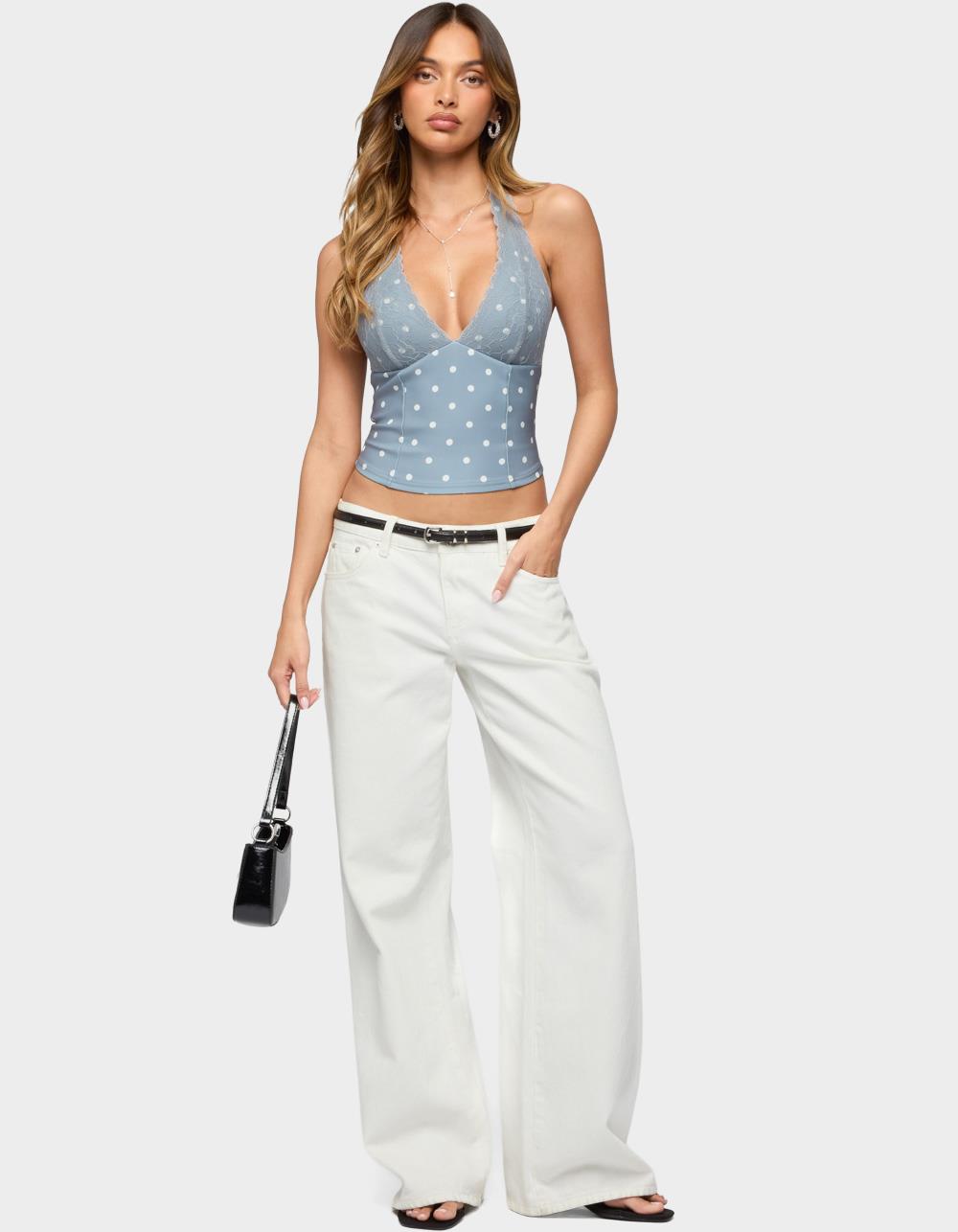 EDIKTED Lacey Polka Dot Lace Up Halter Top - GRAY