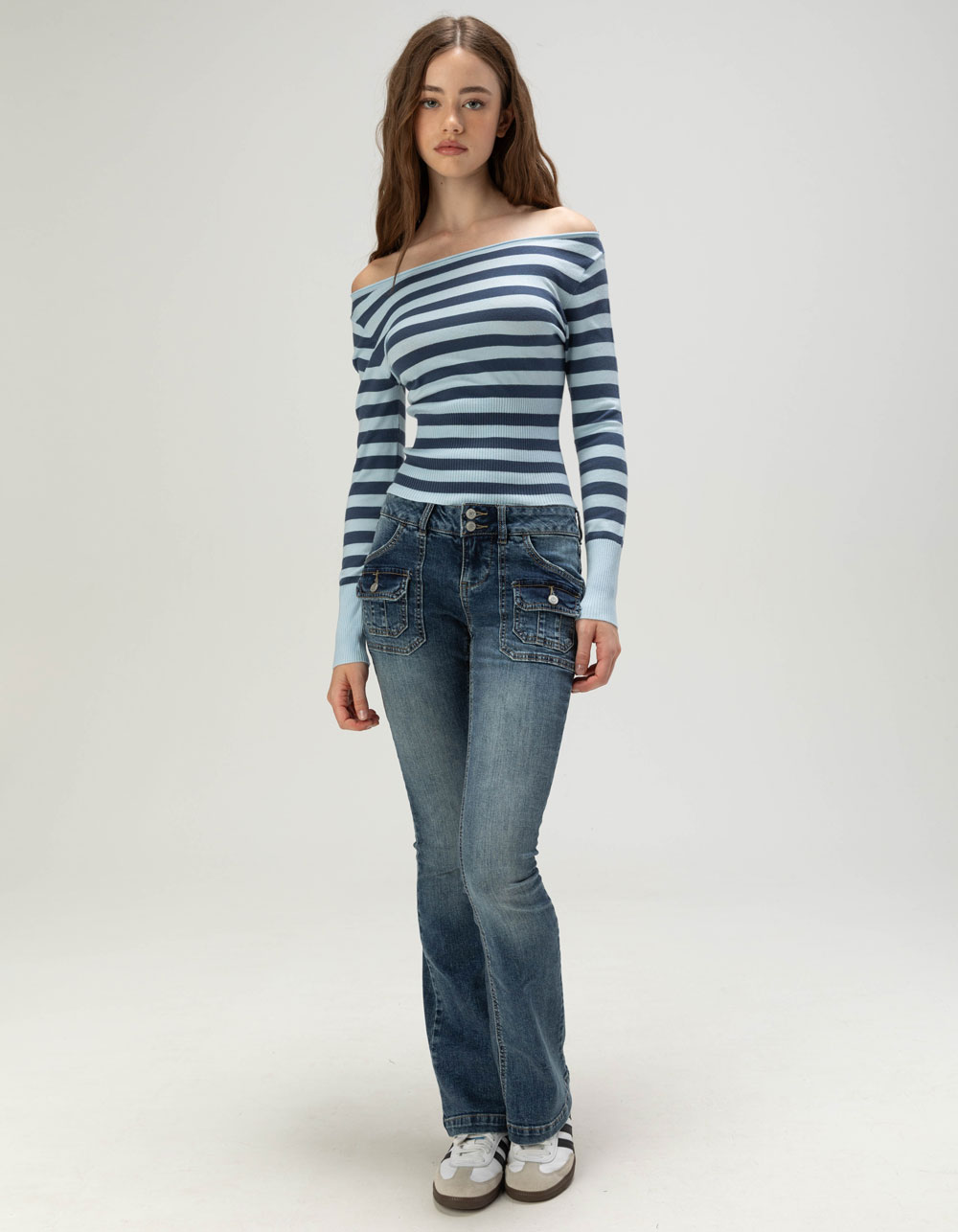 RSQ Womens Off The Shoulder Stripe Sweater