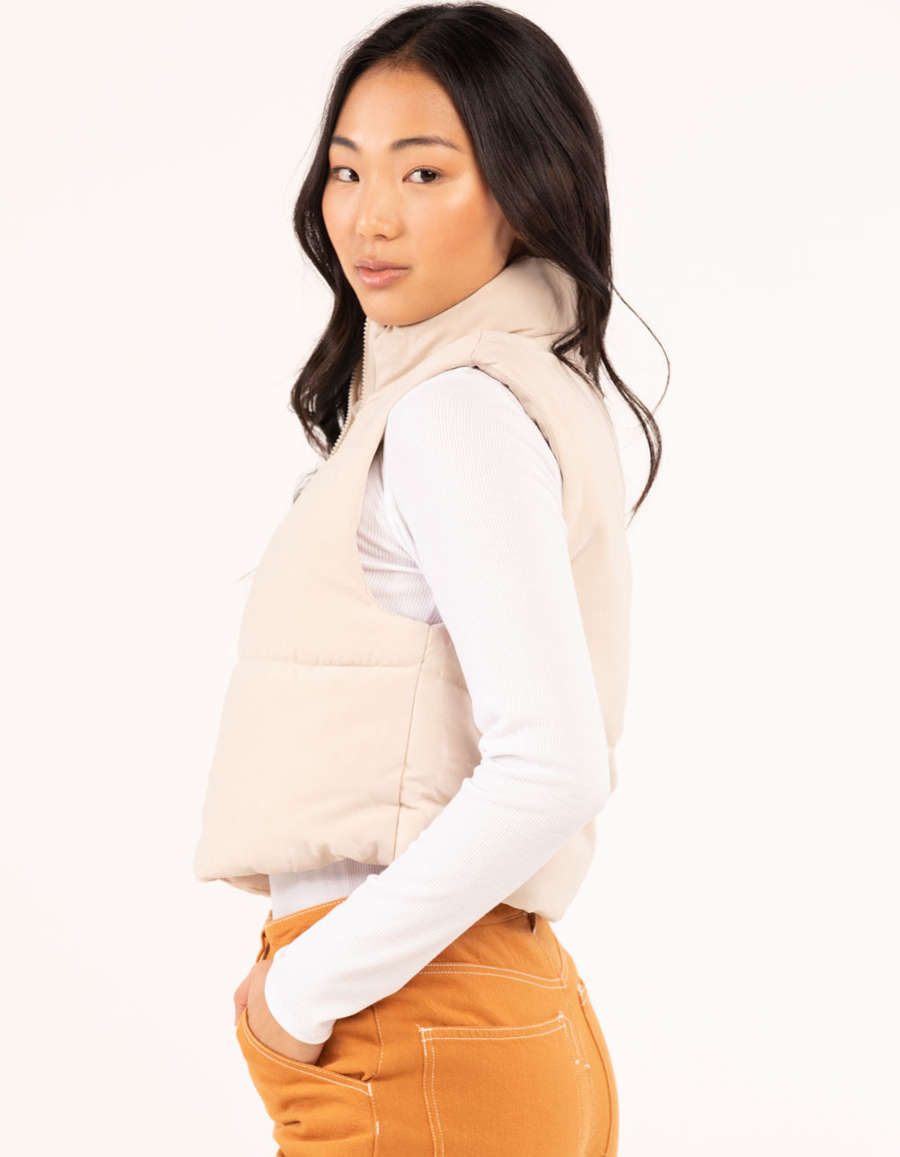 CI SONO Womens Cropped Sherpa Lined Vest KHAKI Tillys