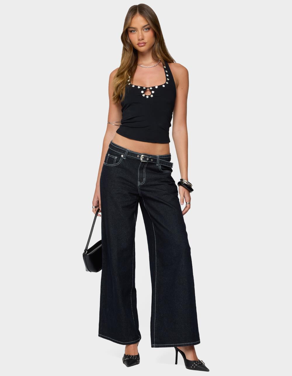 EDIKTED Coraline Button Cutout Halter Top - BLACK