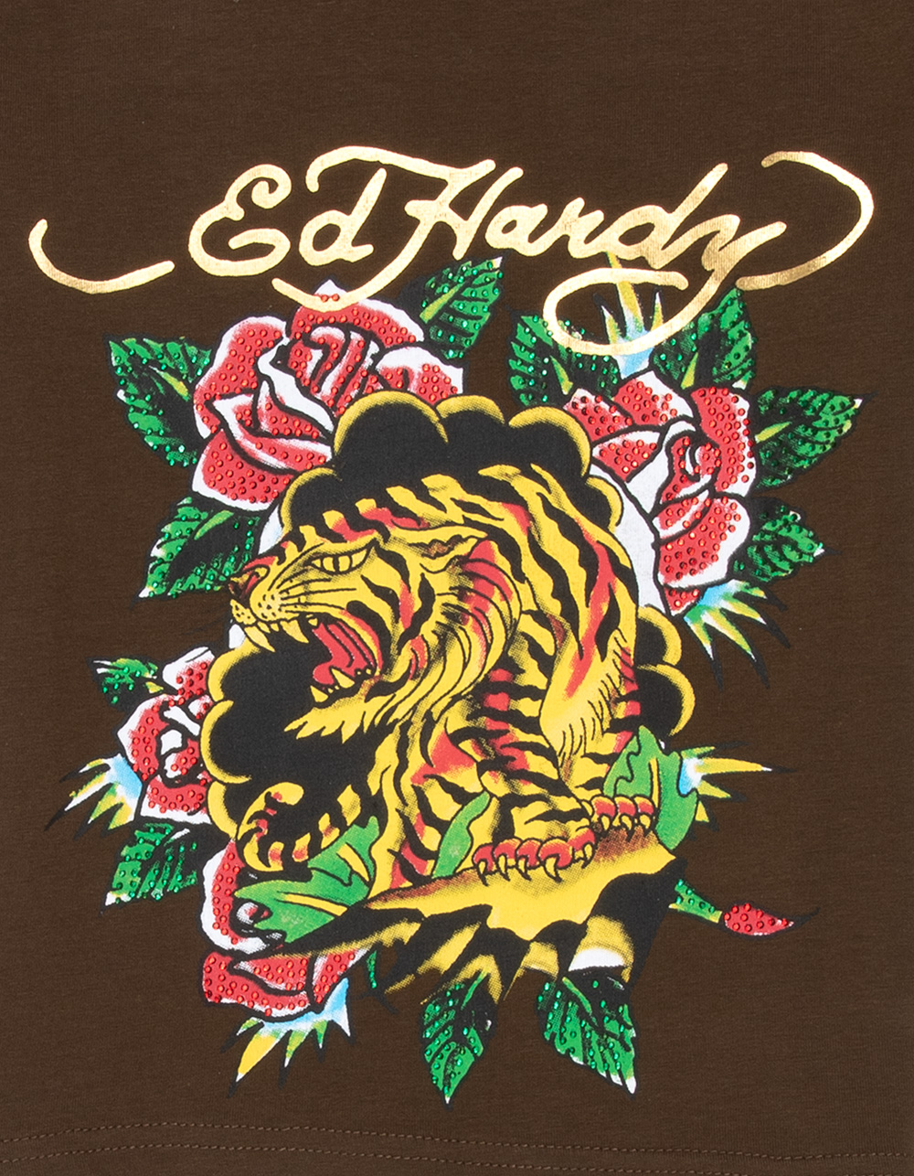 ED HARDY Embellished Tiger Rose Girls Tee - BROWN