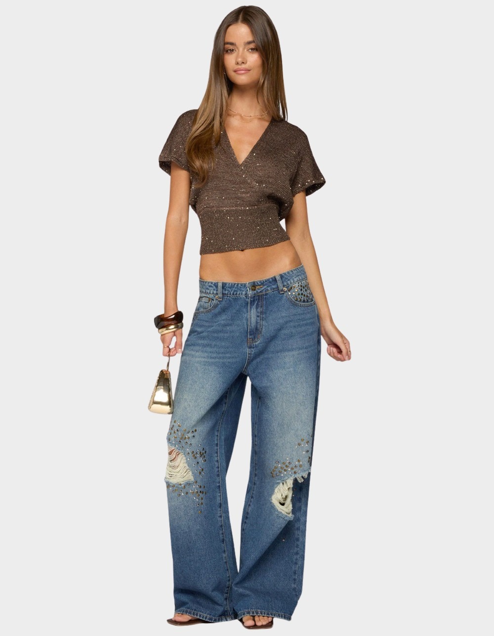 EDIKTED Eunia Studded Low Rise Baggy Jeans - LIGHT BLUE