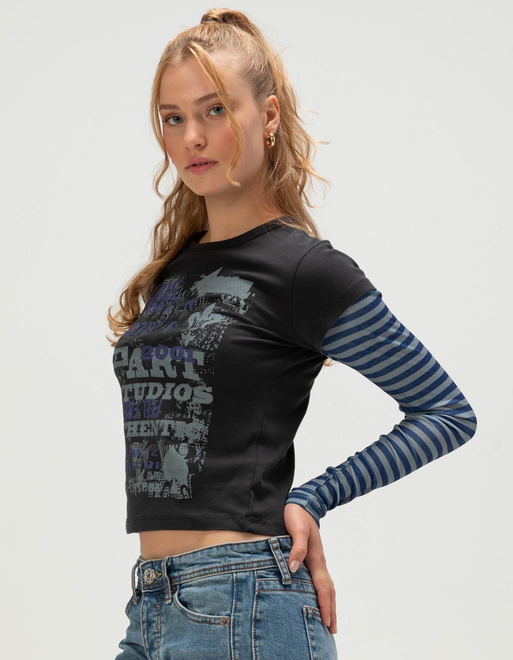 BDG Urban Outfitters Art Studio Womens Long Sleeve 2fer Tee - BLACK COMBO