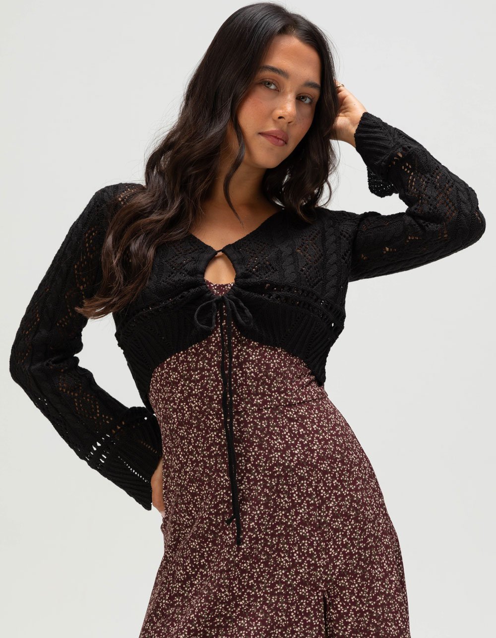 NECTAR CLOTHING Womens Long Sleeve Crochet Top - BLACK