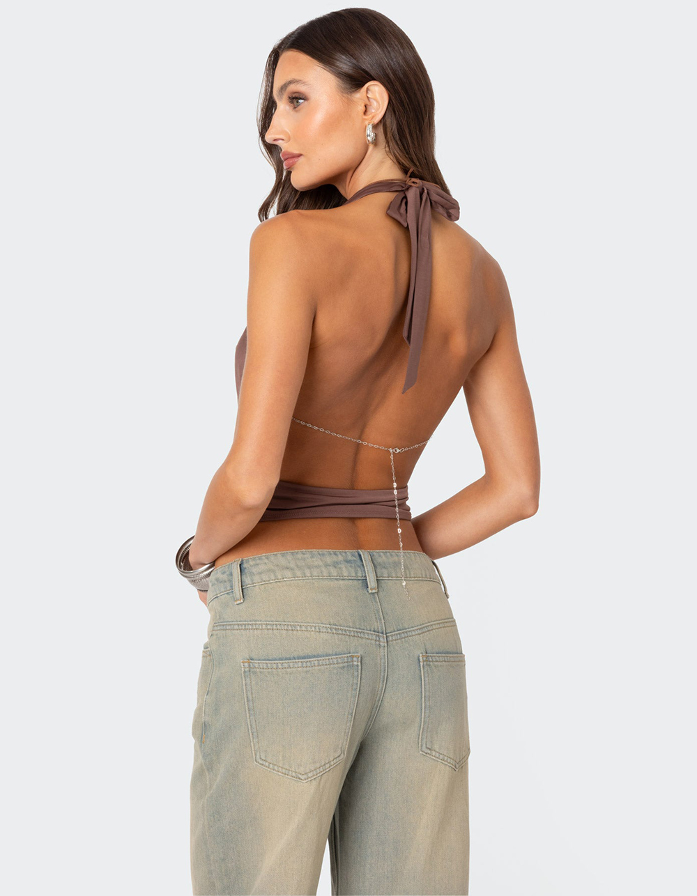 EDIKTED Deep Cowl Neck Open Back Top - BROWN