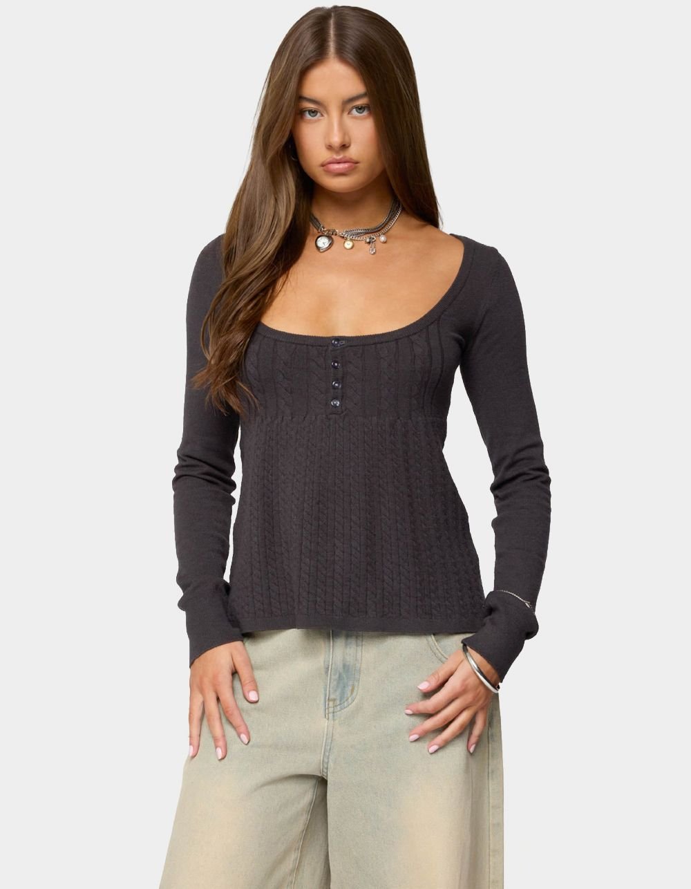 EDIKTED Jaylah Cable Knit Babydoll Top - GRAY