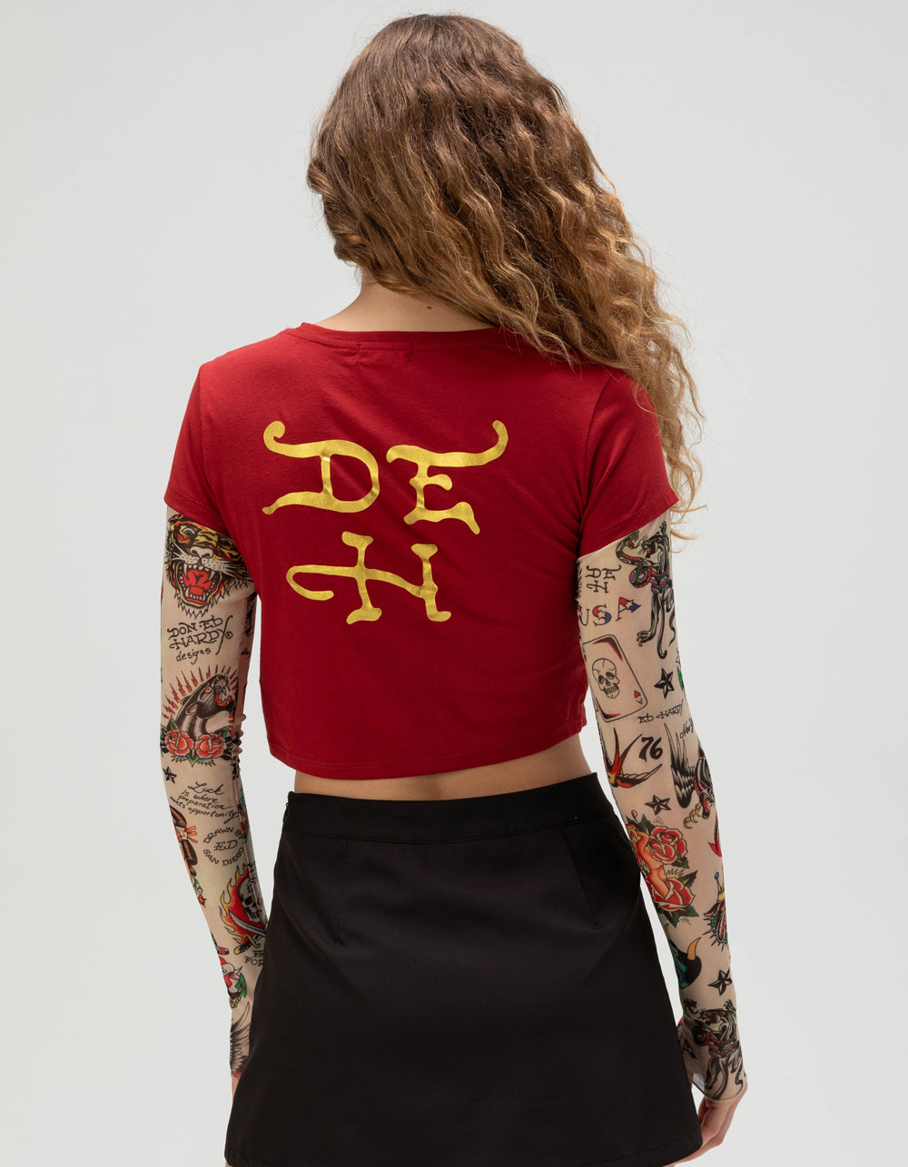 ED HARDY Love Tiger Womens Long Sleeve 2fer Baby Tee - WINE