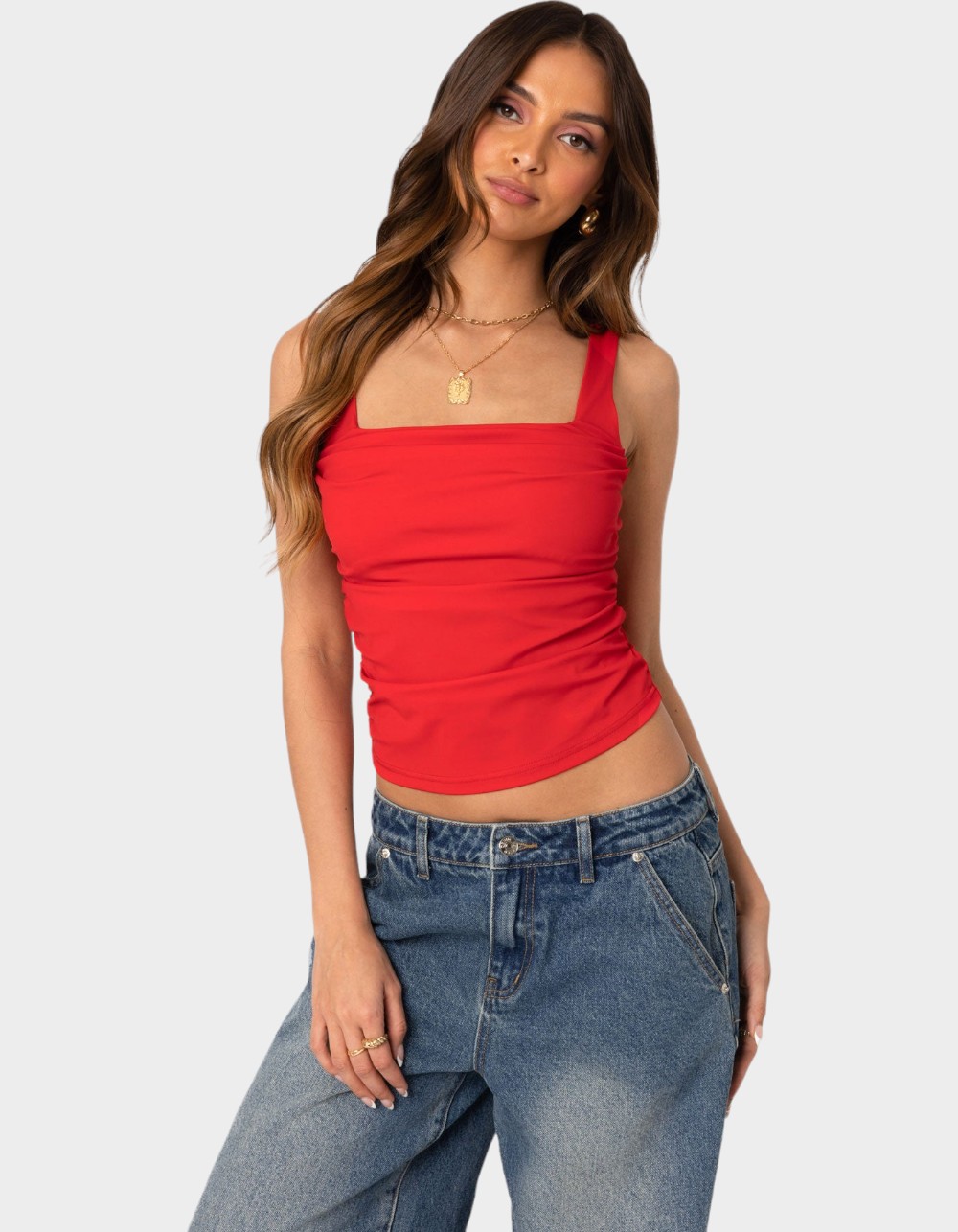 EDIKTED Rio Ruched Square Neck Top - RED