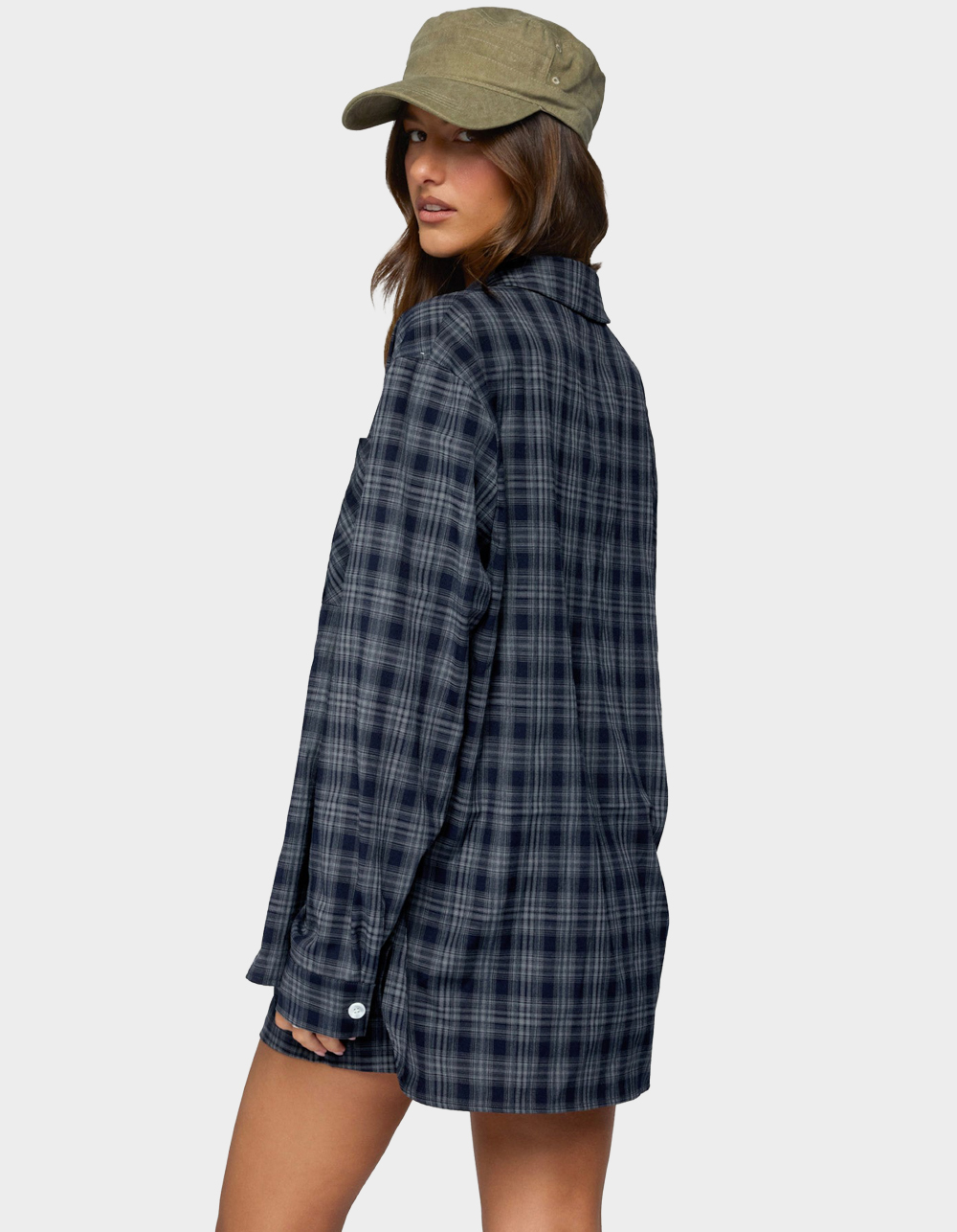 EDIKTED Alessa Plaid Button Up Long Sleeve Top - DARK BLUE