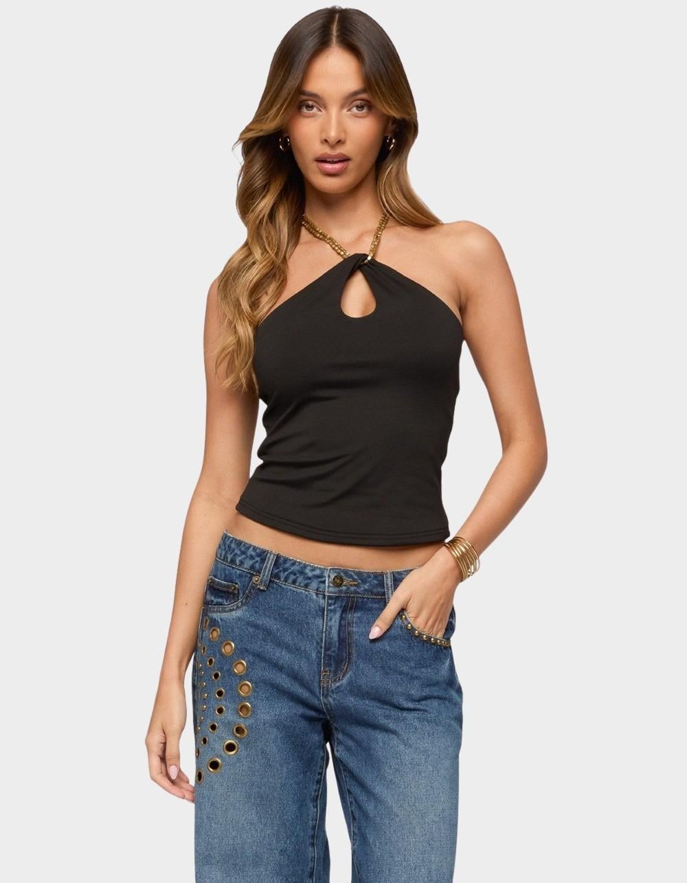 EDIKTED Alizie Beaded Chain Keyhole Halter Top - BLACK