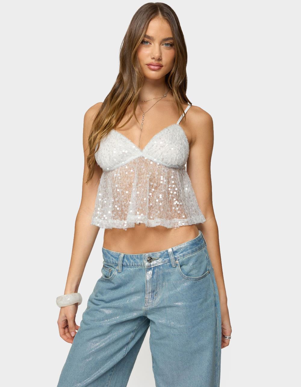 EDIKTED Sheer Sequin Babydoll Tank Top - SILVER