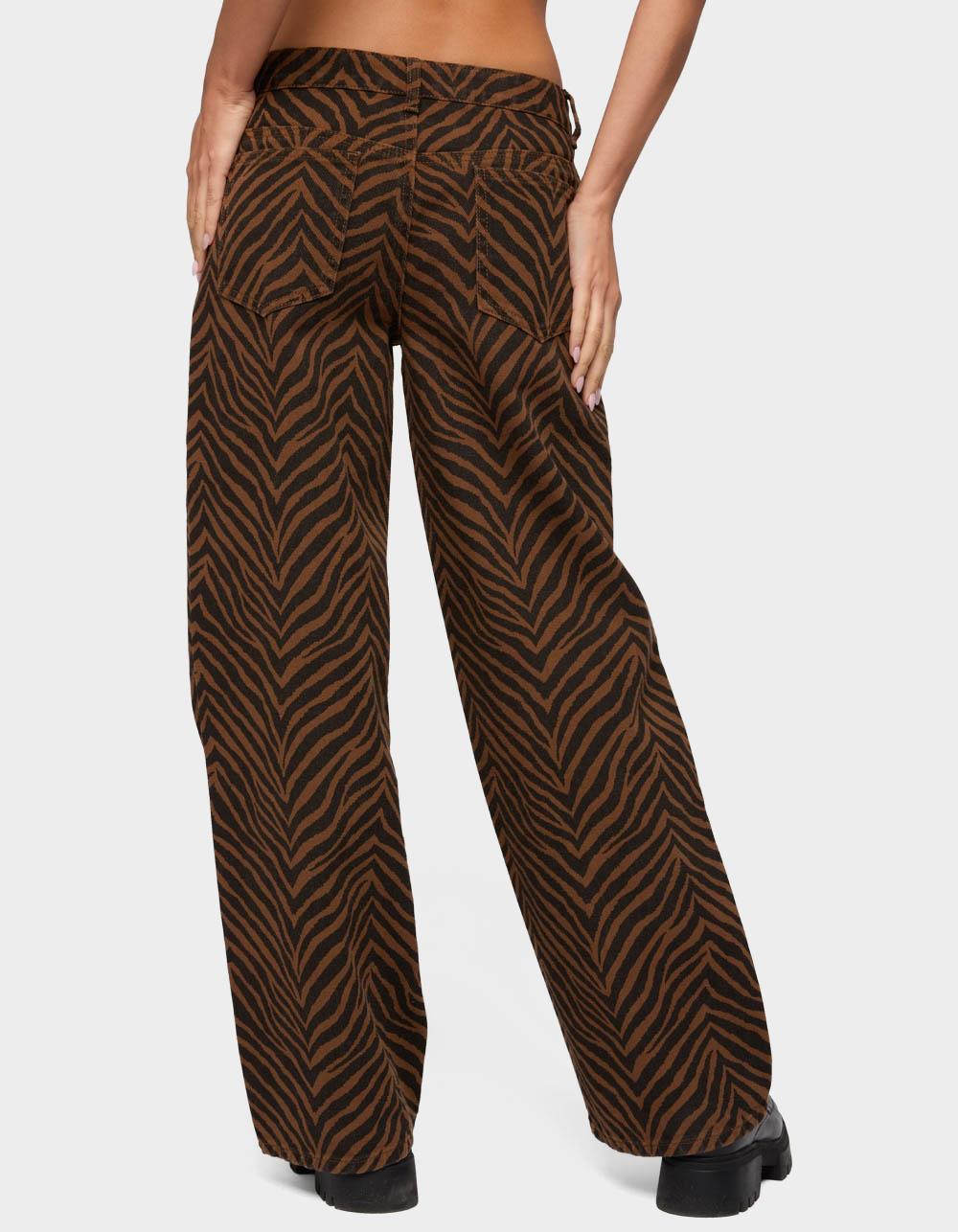 EDIKTED Zebra Print Low Rise Baggy Jeans - BROWN