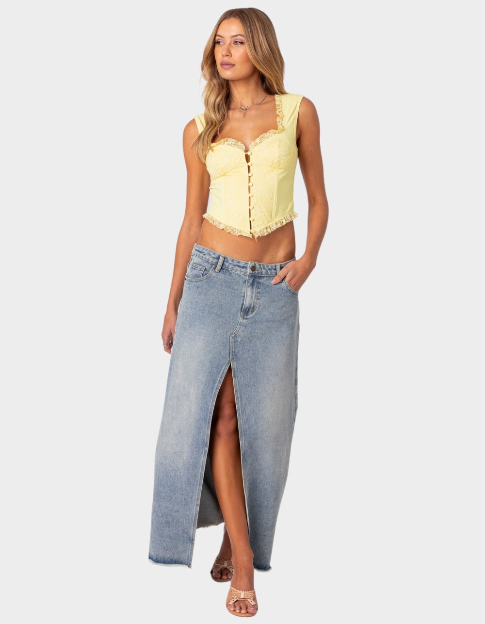 EDIKTED Button Front Lacey Corset - YELLOW