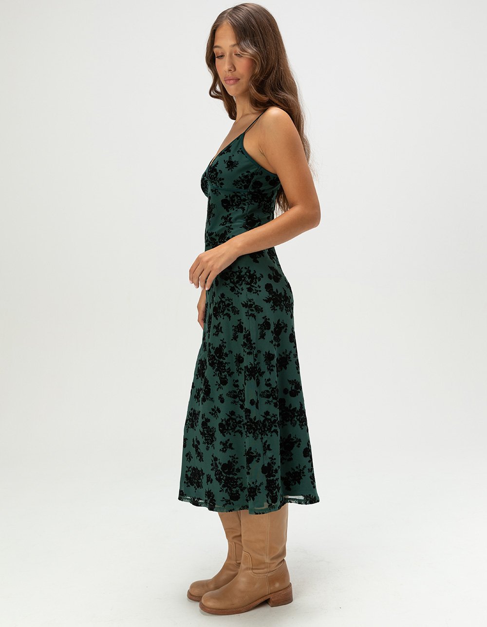 FULL TILT Flocked Womens Mesh Midi Dress - TEAL GREEN