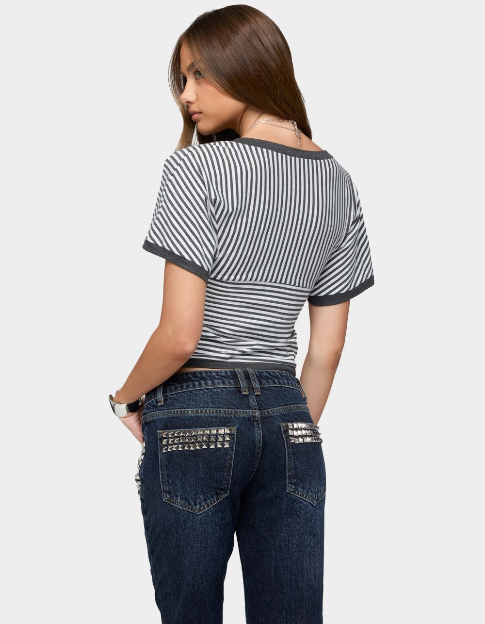 EDIKTED Primrosa Striped V-Neck Flutter Top - DARK GRAY