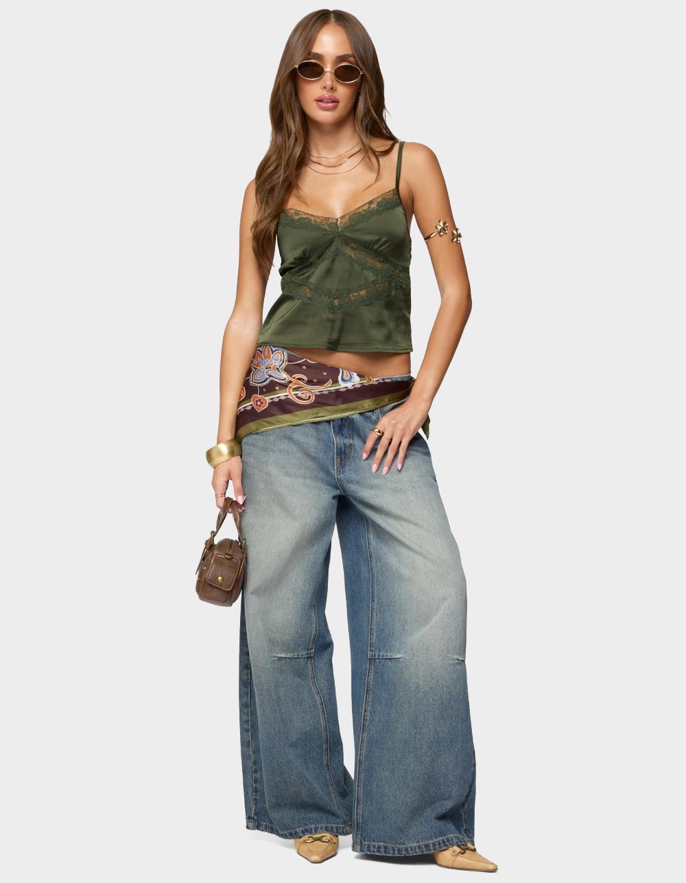 EDIKTED Tamar Satin Effect Tank Top - DK GREEN