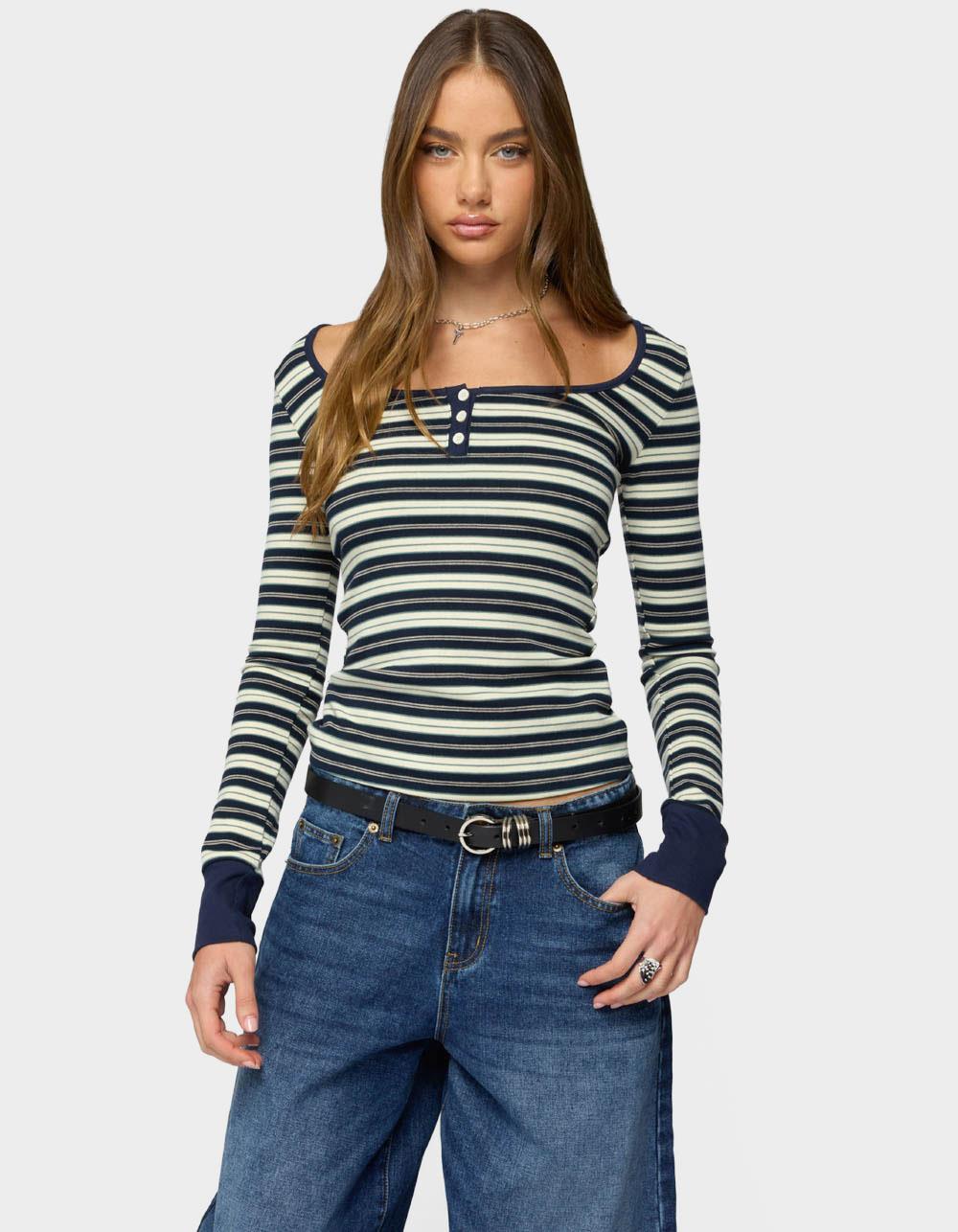 EDIKTED Jaida Striped Henley Top - BLUE