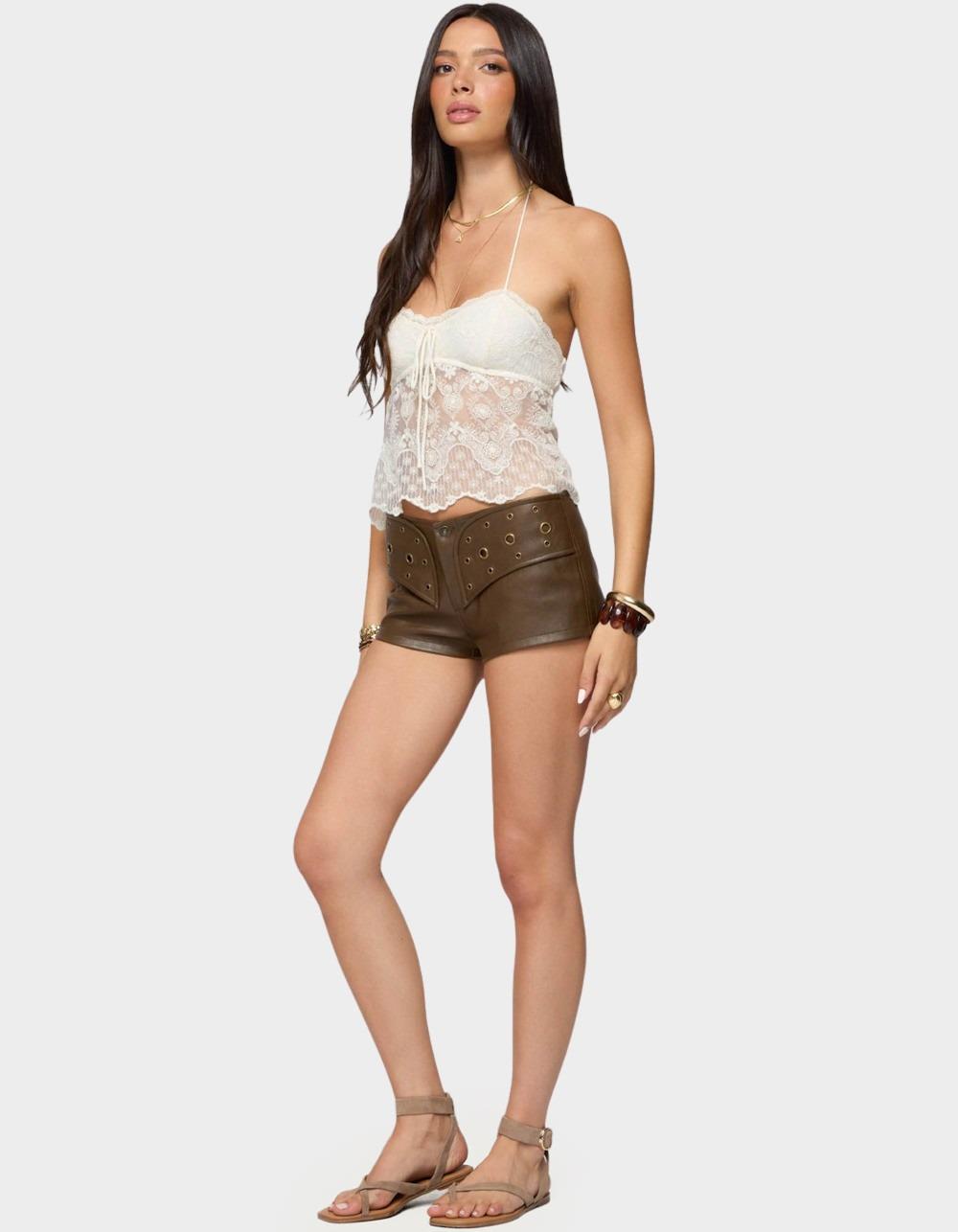 EDIKTED Grommet Faux Leather Micro Shorts - BROWN