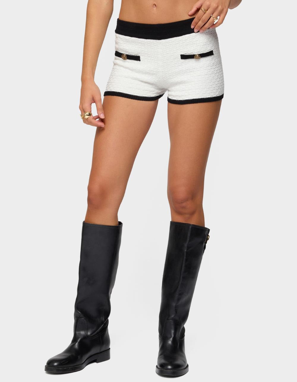 EDIKTED Mara Contrast Textured Knit Shorts - WHITE