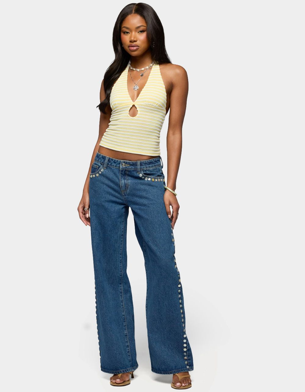 EDIKTED Maylah Keyhole Striped Textured Halter Top - YELLOW