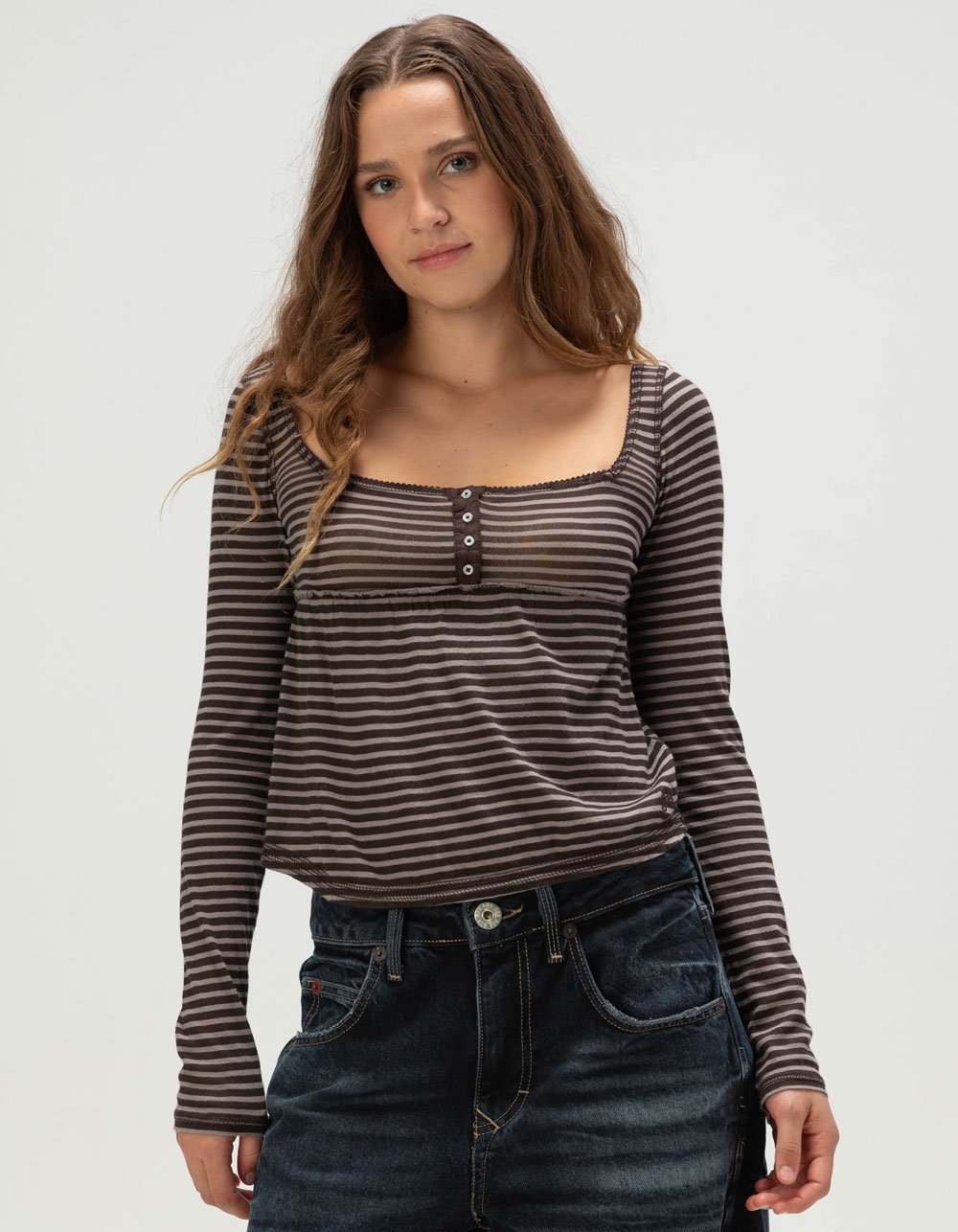 BDG Urban Outfitters Brittney Womens Long Sleeve Babydoll Top - BROWN/WHITE