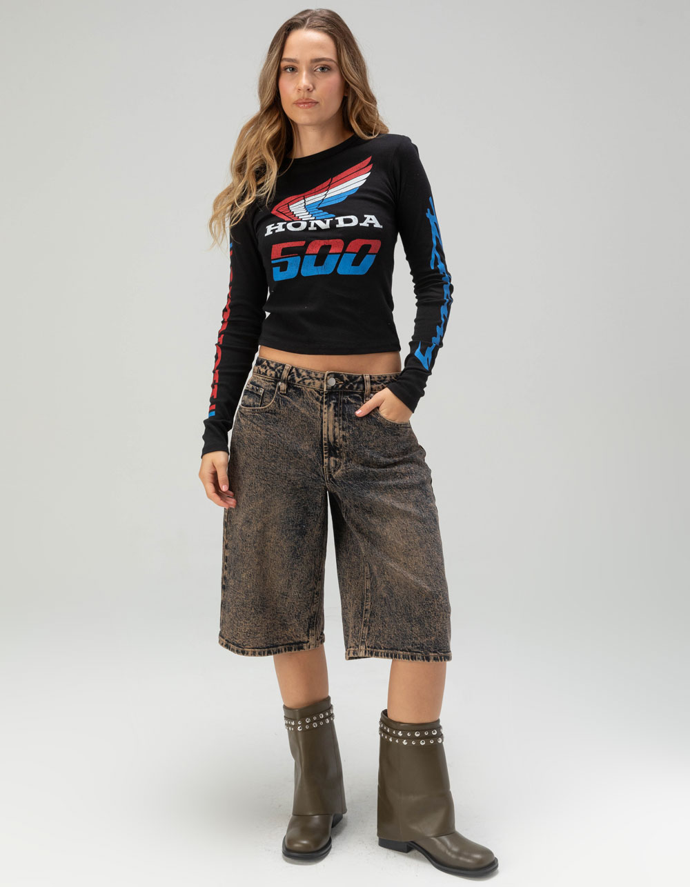 HONDA 500 Womens Long Sleeve Baby Tee - BLACK