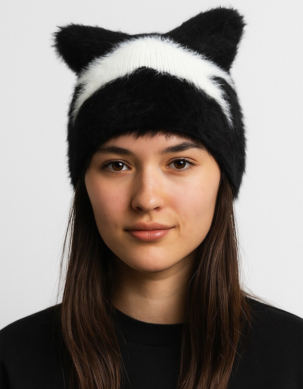 Star Fuzzy Cat Ear Beanie - BLK/WHT