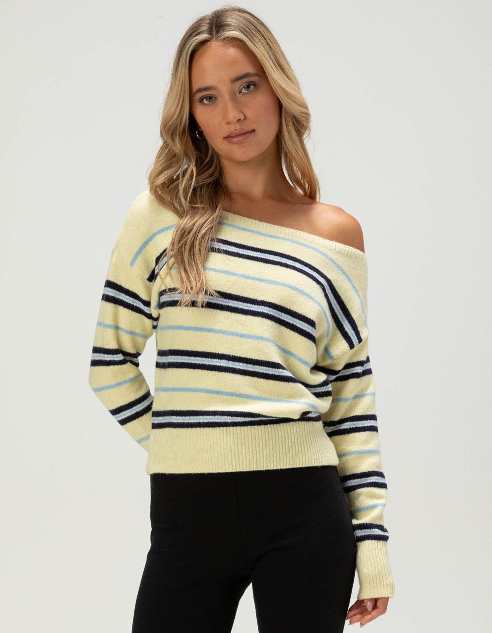 MADDEN GIRL Womens Off The Shoulder Stripe Sweater - YELLOW COMBO