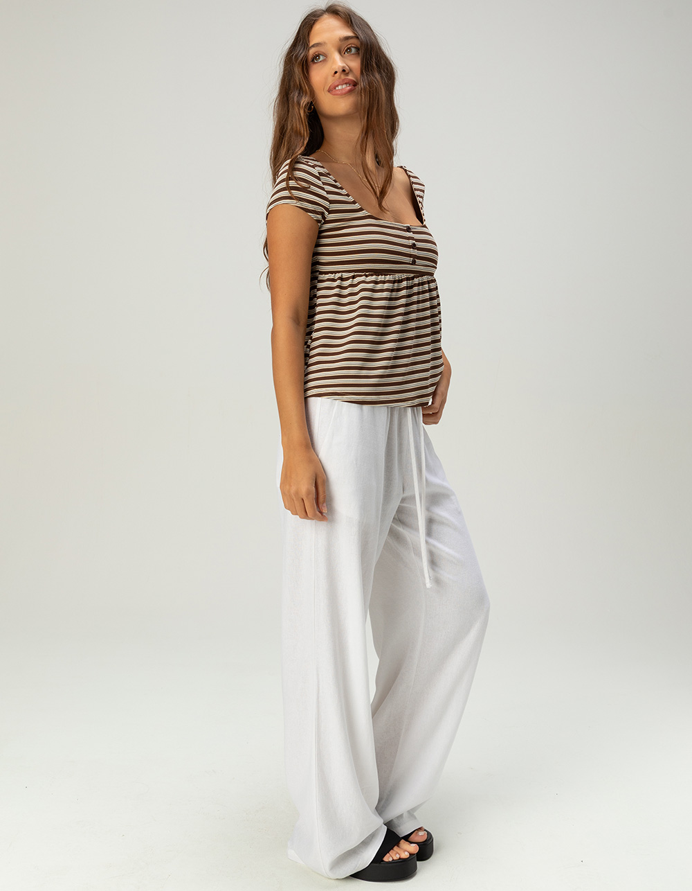 RSQ Womens Stripe Henley Babydoll Top - BROWN COMBO