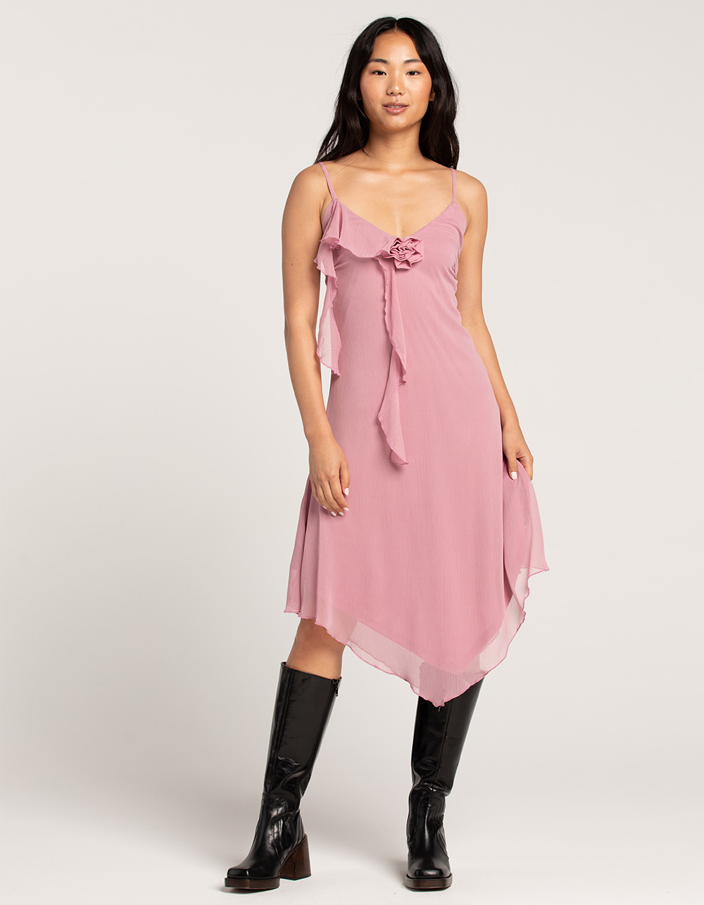 jenani rosette ruffle midi dress in light plum Light Plum Rosette Ruffle Midi Dress
