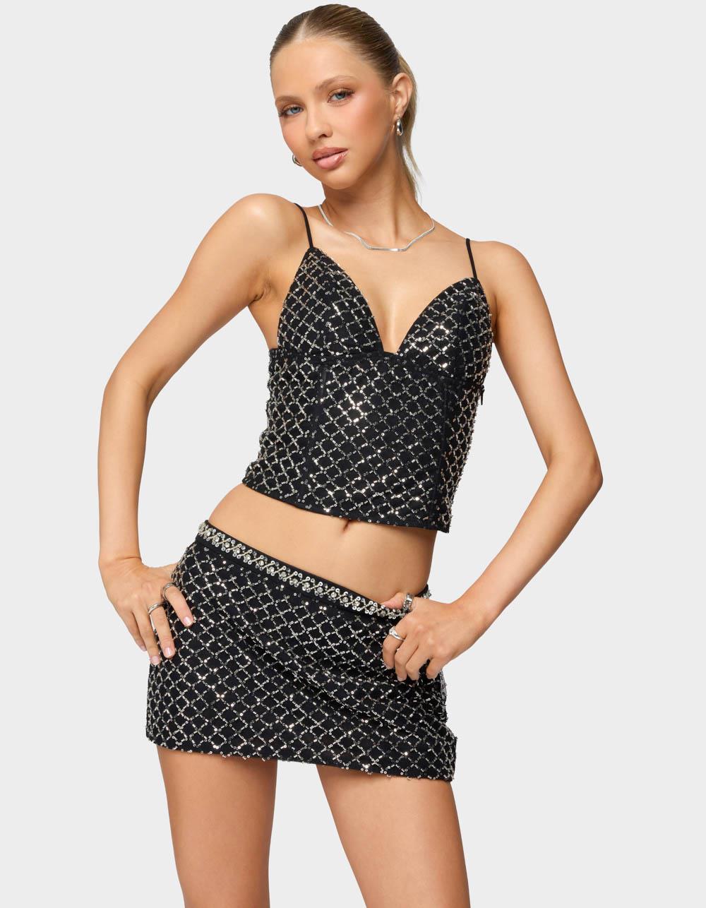 EDIKTED Jenny Beaded Mesh Boned Top - BLACK