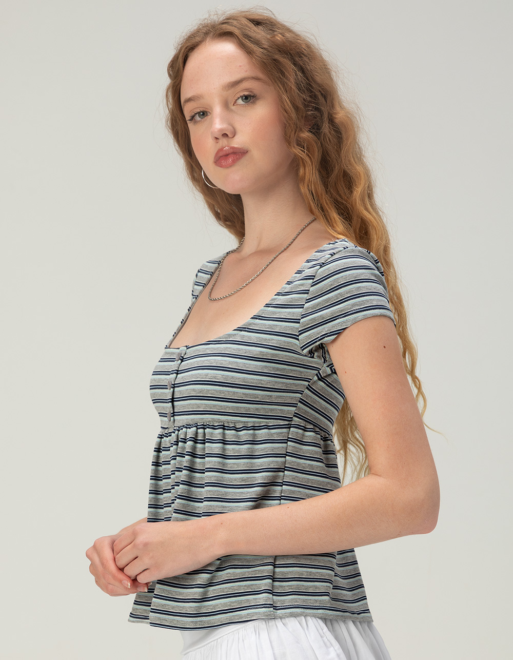 RSQ Womens Stripe Henley Babydoll Top - GRAY COMBO