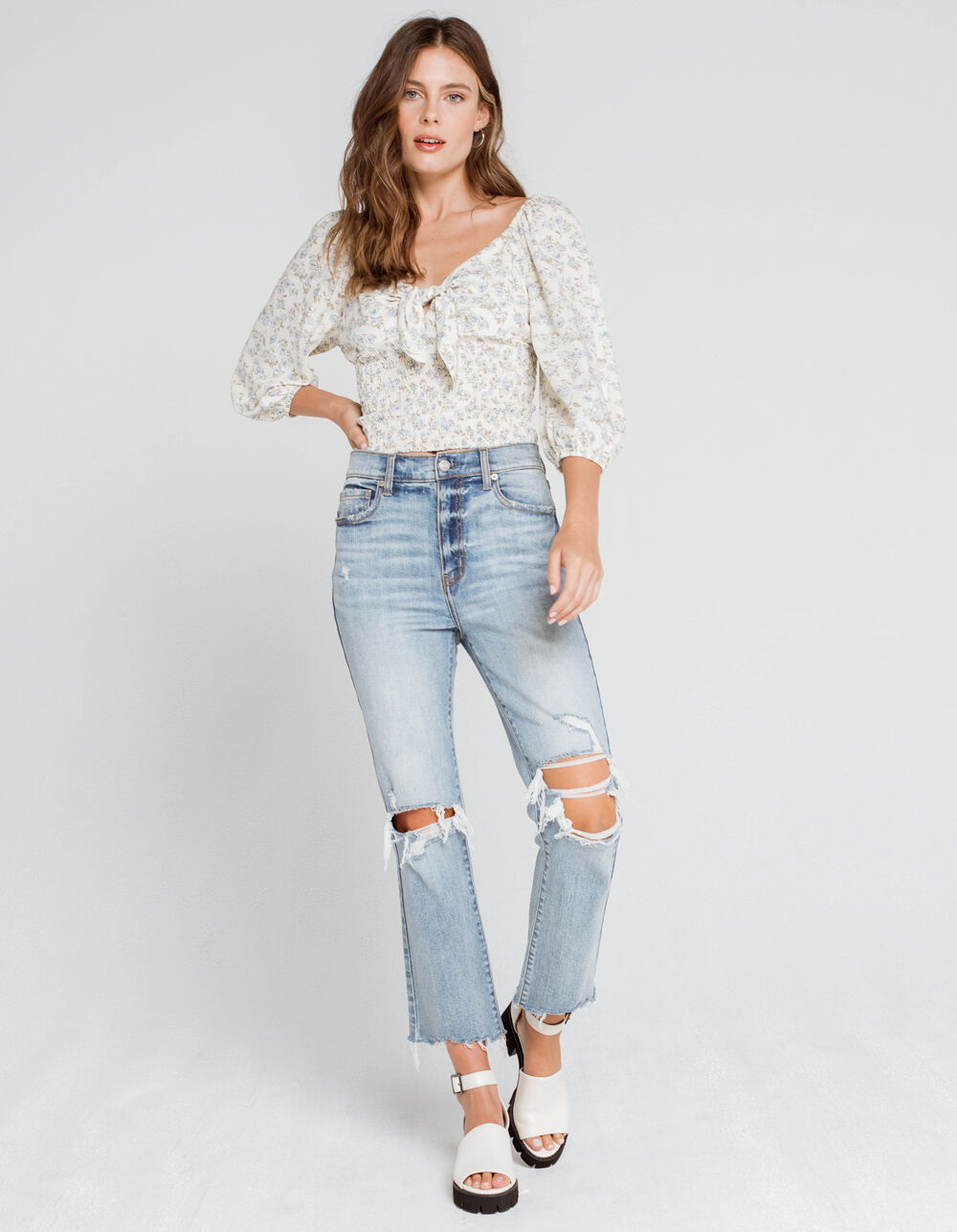 WEST OF MELROSE Flower Hour Tie Front Smocked Top - WHITE COMBO | Tillys
