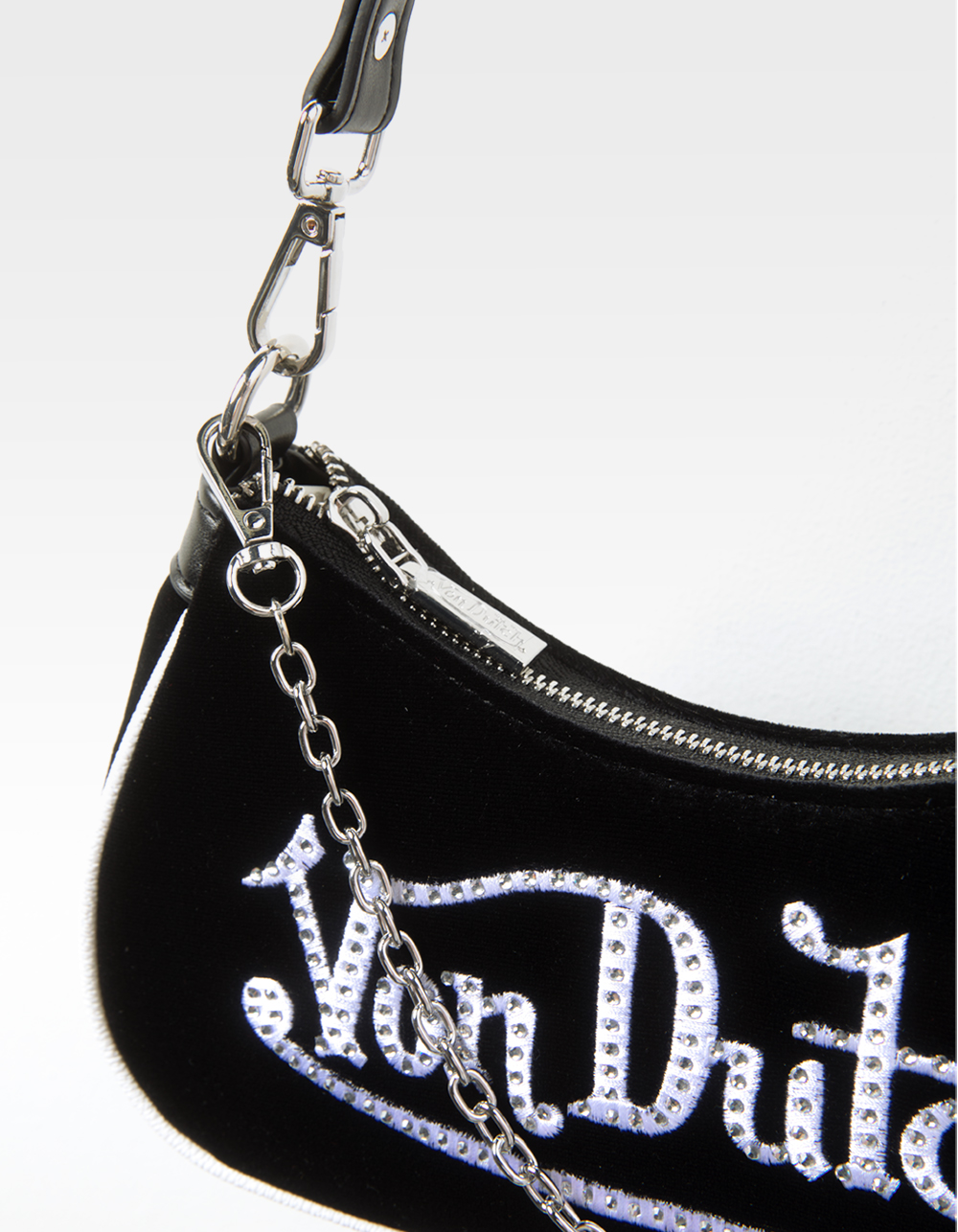 VON DUTCH Rhinestone Velvet Shoulder Bag - BLACK