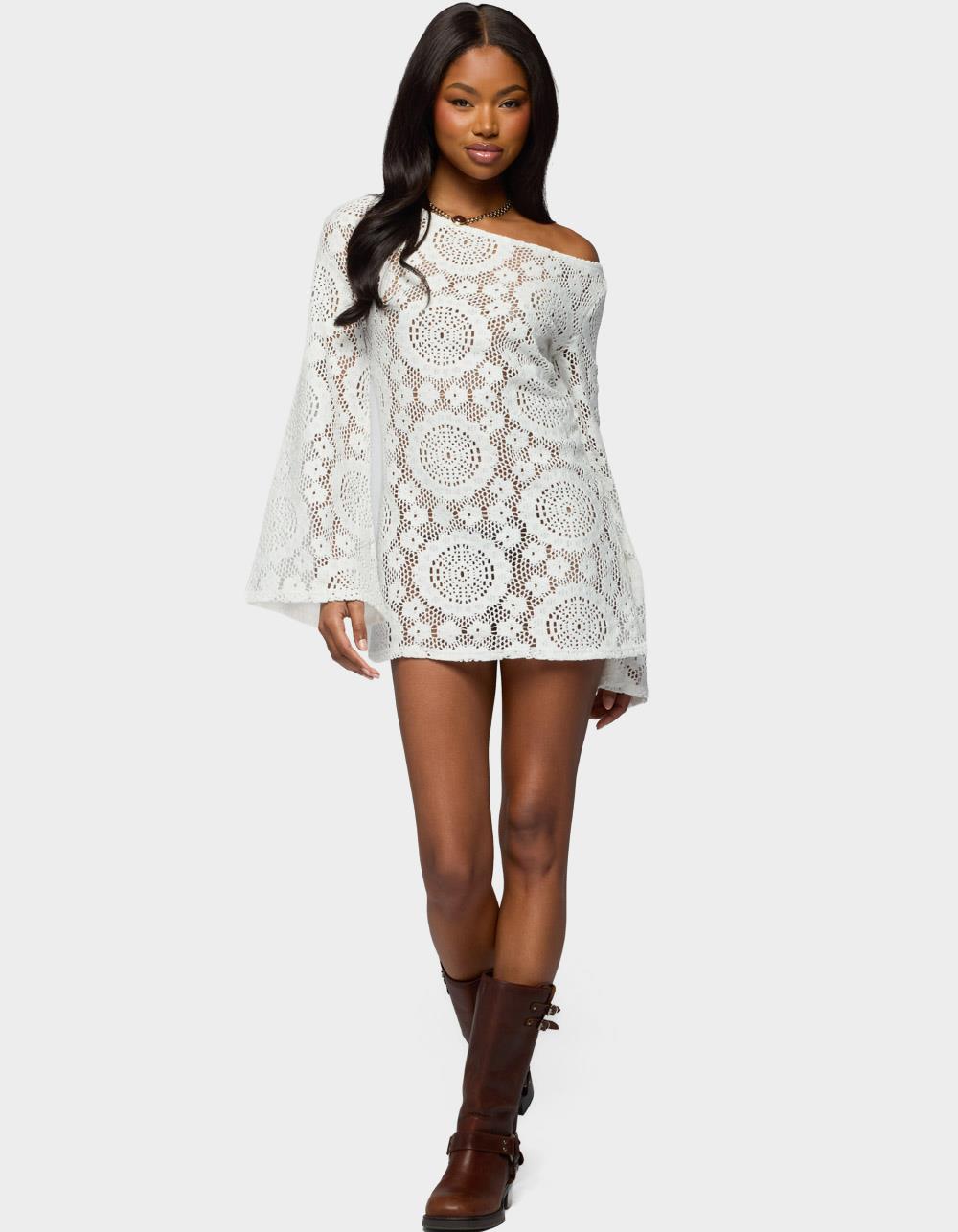EDIKTED Off Shoulder Sheer Lace Mini Dress - WHITE