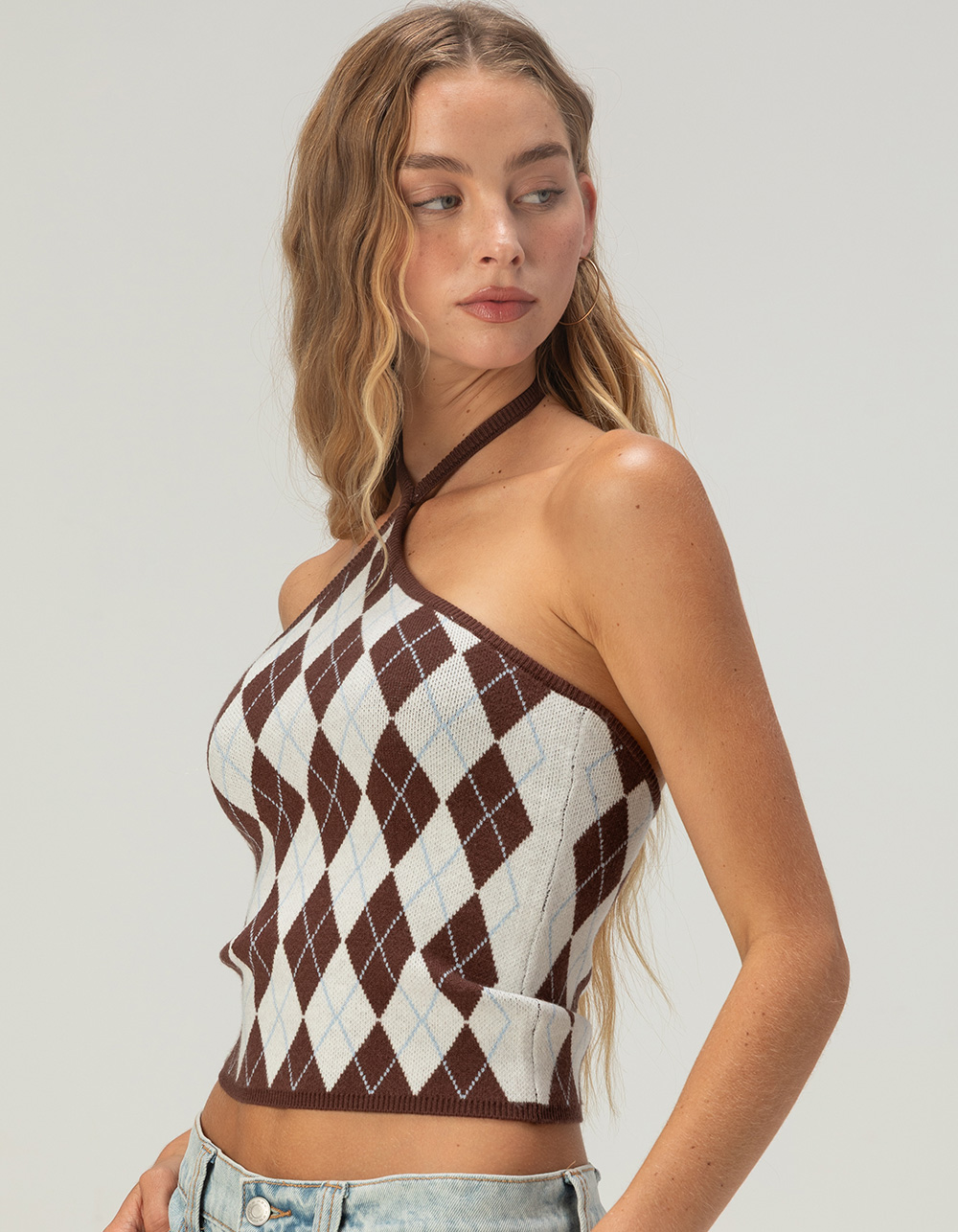 RSQ Womens Argyle Sweater Halter Top - BROWN COMBO