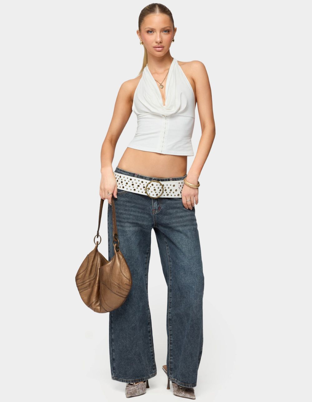 EDIKTED Hook & Eye Cowl Neck Halter Top - WHITE