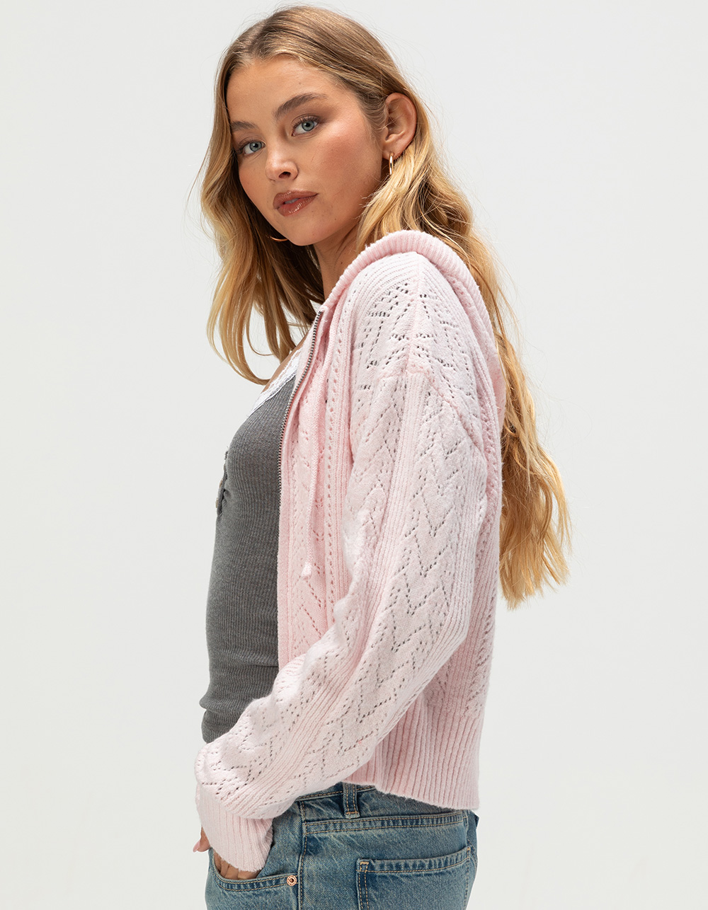 RSQ Womens Pointelle Zip-Up Sweater - LIGHT PINK