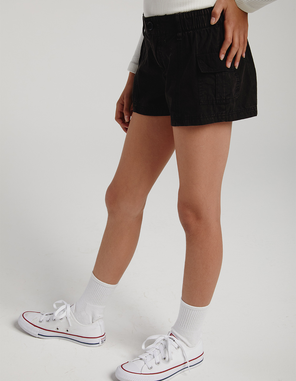 FULL TILT Washed Elastic Waist Girls Cargo Shorts - WASHED BLACK
