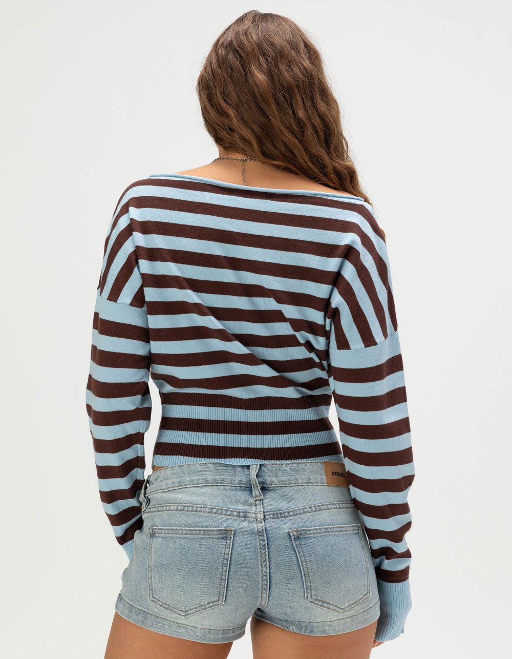 RSQ Womens Off The Shoulder Stripe High Rib Sweater - BROWN/BLUE