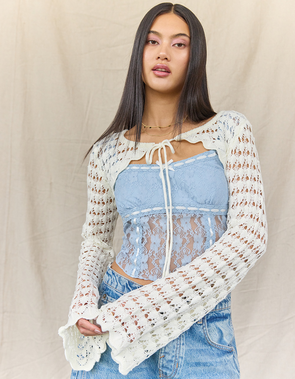 WEST OF MELROSE Open Knit Womens Shrug - CREAM