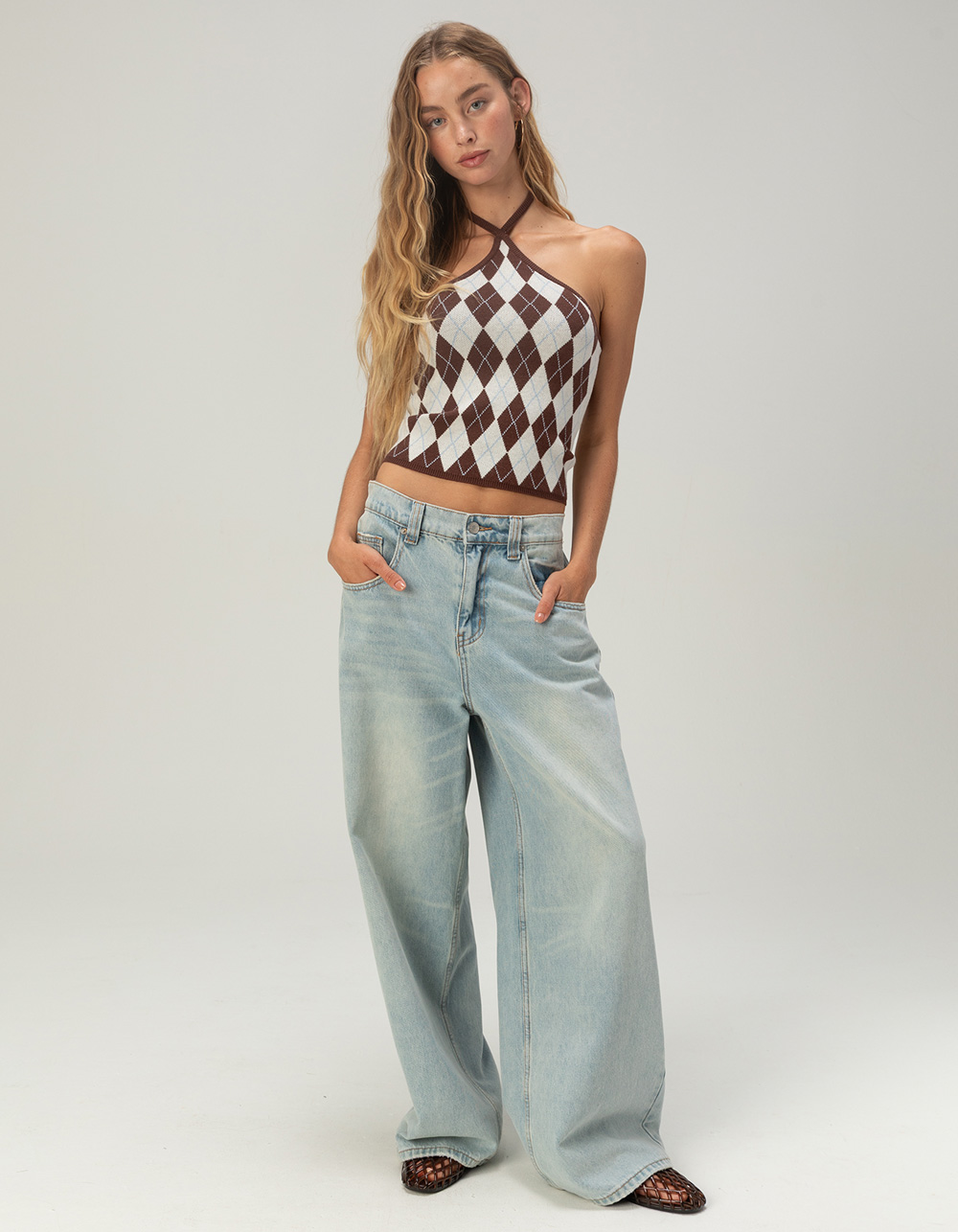 RSQ Womens Argyle Sweater Halter Top - BROWN COMBO